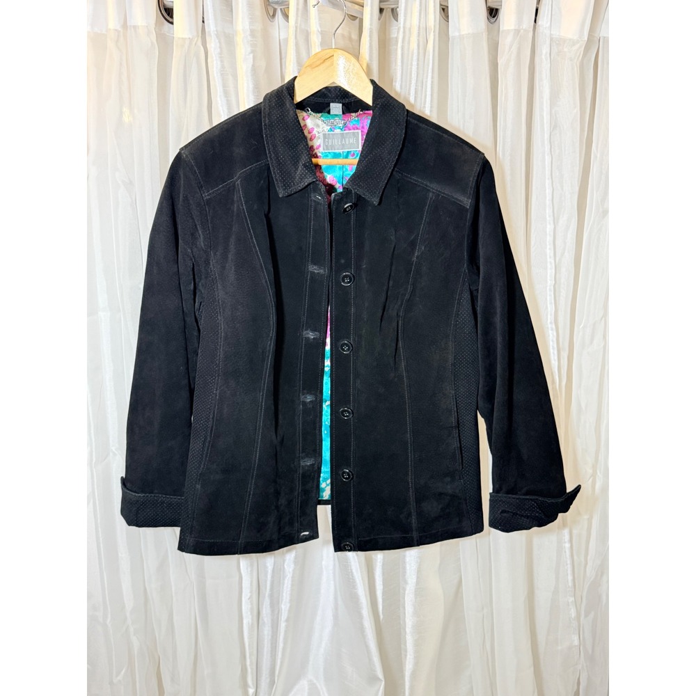 Guillaume genuine Suede Jacket Womens 1X Black Perforated Floral Lining